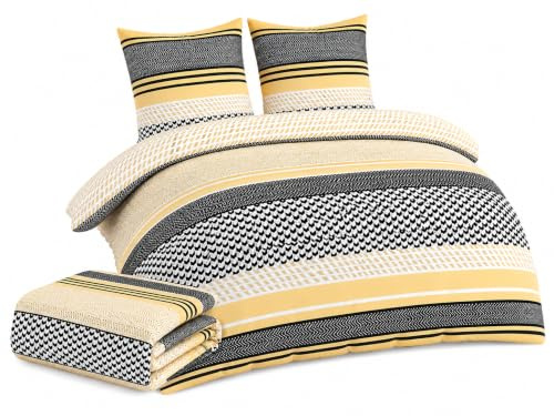 Sentidos Bettwäsche-Set 4teilig Renforcé Baumwolle 155x220 cm cm mit Reißverschluss Bett-Bezug, 80x80 cm Kissen-Bezug Bett-Garnitur Gelb schwarz weiß (2 STK.155 x 220 cm + 2 STK. 80 x 80 cm)