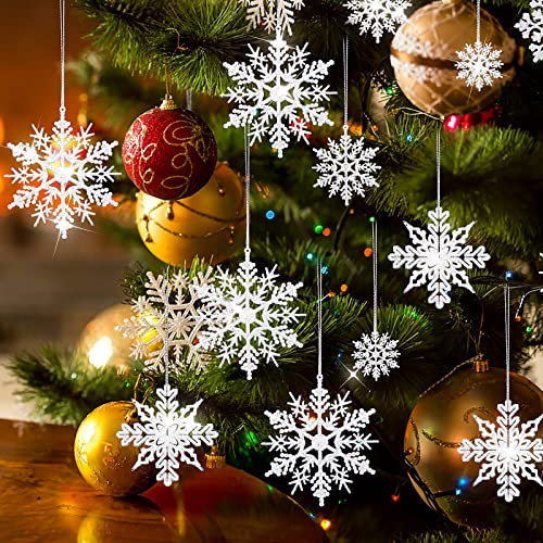 ASTER 40 Pcs Sparkling Christmas Tree Ornaments, Assorted Sizes Hanging Xmas Snowflake Winter Hanging Snowflake for ceiling window Indoor Outdoor