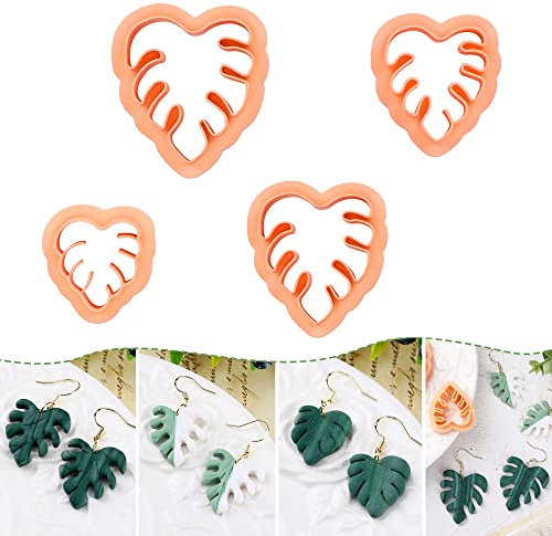 Puocaon Monstera Leaves Clay Cutters - 4 pcs Polymer Clay Cutters for Earrings, One Pattern in Different Sizes for Polymer Clay Jewelry, Drop Dangle Earrings Making