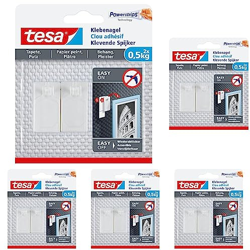 tesa Klebenagel für Tapeten und Putz 0,5kg - Selbstklebende Nägel für empfindliche Oberflächen - rückstandslos - Bis zu 0,5 kg Halteleistung pro Nagel - 2 Klebenägel (Packung mit 5)