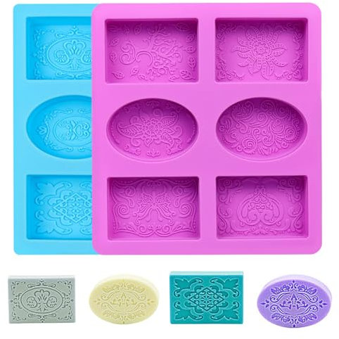 TRUEIN 2pcs Silicone Soap Moulds,6-Cavities Soap Moulds for Soap Making with Lace Pattern,DIY 3D Silicone Soap Mold Oval/Rectangular for Wax Candle Chocolate Cake Pan Biscuit(Blue+Purple