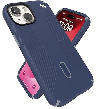 Speck iPhone 15 Hülle – ClickLock rutschfeste Interlock, gebaut für MagSafe, Fallschutzgriff – für iPhone 15, iPhone 14, iPhone 13–6,1 Zoll Handyhülle – Presidio2 Grip Coastal Blue/Dust Grey/White