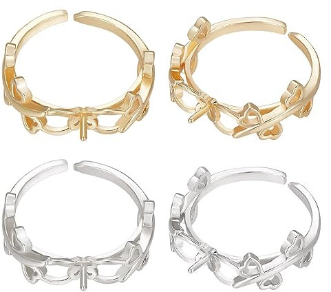 Beebeecraft 1 Box 12 Stück Ringrohlinge 14 Karat Vergoldet Zirkonia Blume Verstellbare Fingerring Fassung Für Halbgebohrte Perlenringe Für Die DIY Valentinstag