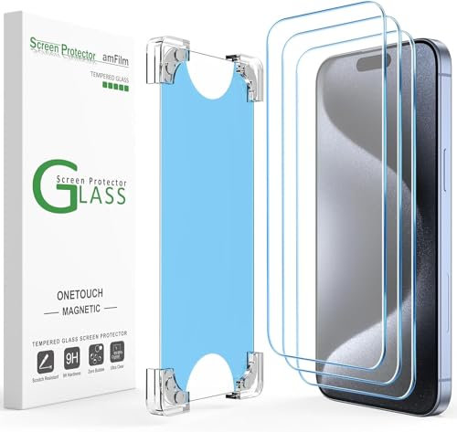 amFilm Easiest Installation Magnetic OneTouch for iPhone 15 Pro Max 6.7 Screen Protector (3 Pack)