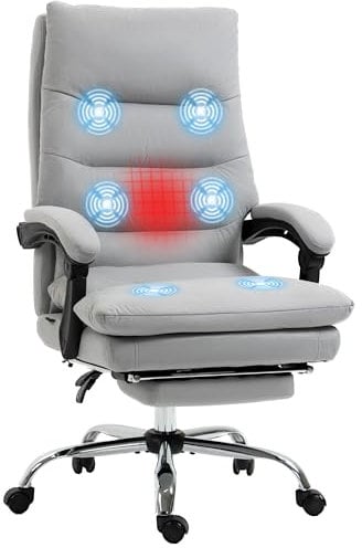 Vinsetto Office Chair, Ergonomic Desk Chair with 6-Point Vibration Massage and Back Heating, Microfibre Computer Gaming Chair with 135° Reclining Back and Footrest, Grey