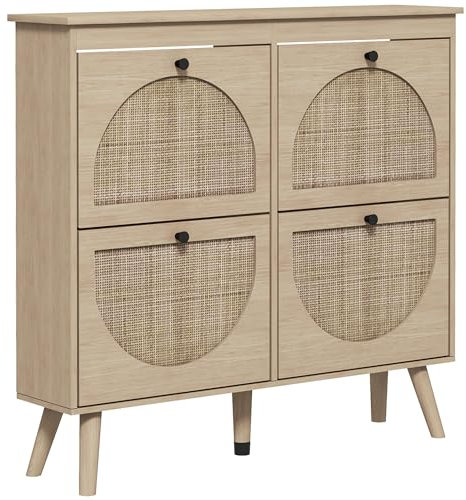 HOMCOM Meuble à Chaussures Armoire à Chaussures 4 abattants 20 Paires avec étagère réglable Style bohème Pieds en Bois Massif 105 x 24 x 97,5 cm Naturel