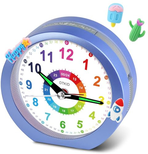 DTKID Wecker Kinder, Kinderwecker Ohne Ticken mit Snooze und Nachtlicht, Analoger Wecker für Jungen und Mädchen, Lernwecker Kinder, Batteriebetrieben