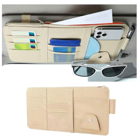 Adunsiaoto Auto-Sonnenblende-Organizer, Kartenhalter Einstellbare Sonnenblende Organizer, Auto Multifunktionale Aufbewahrungstasche Für Sonnenbrillen, Karten(Beige)