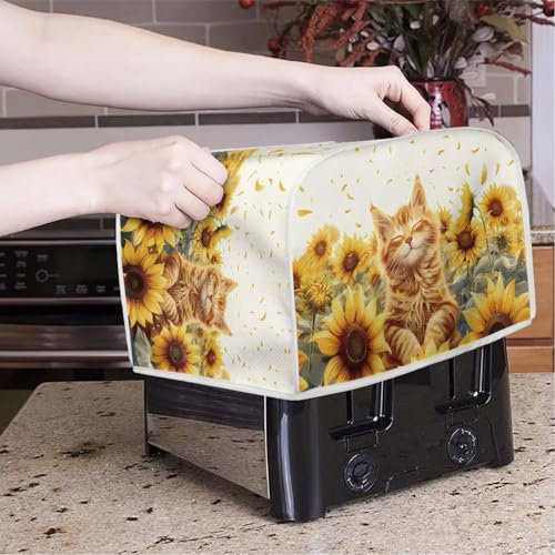Xoenoiee Cute Cat Sunflower Print 4 Slice Toaster Cover Woman Kitchen Accessories Kitchen Small Appliance Dust Proof Cover Bread Maker Toaster Cover