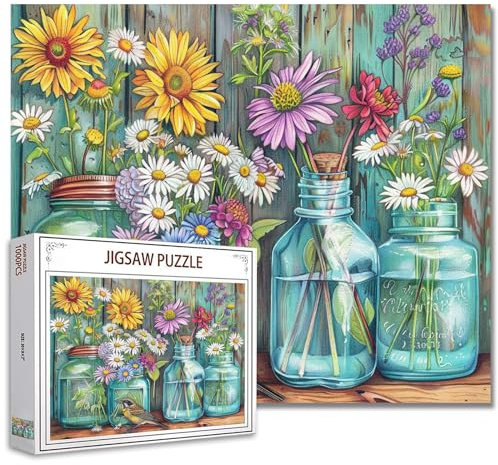 Tucocoo 1000 Teile Puzzle für Erwachsene Wildblumen und Gänseblümchen Puzzle Vogel Rustikale Einmachgläser 1000 Teile Puzzles für anspruchsvolle Familienaktivitätsspiel Blumenkunst Wanddekoration DIY