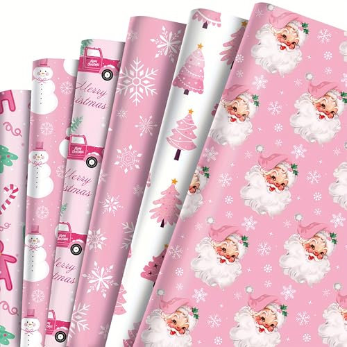 lyroiphic Weihnachten Geschenkpapier - 12 Blatt (50 x 70 cm) Weihnachtspapier mit Weihnachtsbaum, Weihnachtsmann, Schneemann, Schneeflocke - DIY-Bastelpapier für Geschenkverpackungen (Rosa)