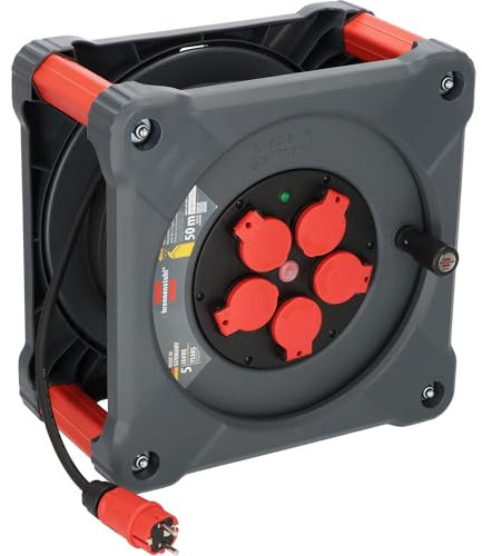 Brennenstuhl Enrouleur de câble professionnel pour chantier KA 5100 5 IP44 (câble H07RN-F 3G1,5 de 50 m en noir, 5 prises de sécurité, utilisation sur le chantier et utilisation extérieure permanente,