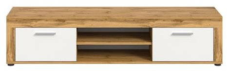 Calicosy Meuble TV 2 Portes Abattantes et 2 Niches Blanc et Chêne Wotan L160 cm - Aosta - en Panneaux de Particules - Fabrication Européenne - pour Salle à Manger - L160 x l40 x H37 cm