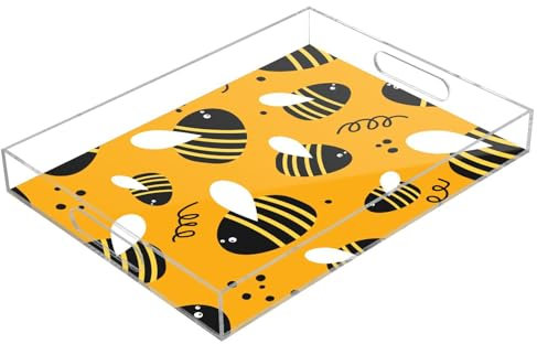 Bandeja acrílica transparente para servir con asas, bandeja de desayuno acrílica de 12 x 16 pulgadas, abejas amarillas dibujadas a mano, patrón sin costuras, bandeja transparente a prueba de derrames