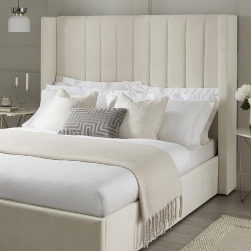 YB INTERIORS LTD Sleigh Bed Frame Upholstered Bed Frame With 125cm High Floor Standing Headboard wingback Bed Frame Without Storage (Cream, 4FT6 Double)