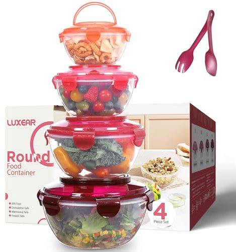 Luxear Set of 4 PP Plastic Mixing/Salad Bowls with Snap Lock Leakproof Lids, Spoon And Fork - 1L - 1.8L- 3.2L-4.5L - Nestable Bowls for Easy Portability, Great for Mixing & Serving, Red