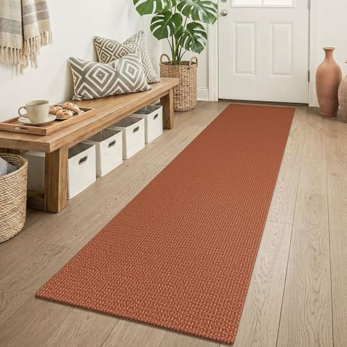 KOZYFLY Läufer für Flure 2x6 ft Waschbar Küchenläufer Rutschfest Gummiunterseite Hallenläufer Baumwoll-Eingangsläufer Teppiche Bodenteppich für Innen Hintertür Schlafzimmer Küche, Orange/Braun
