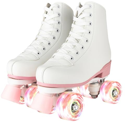 XUDREZ Roller Skates Women Girls Light Up Roller Derby Skates Double Row Pink Roller Skates for Youth Adult Beginner Indoor Outdoor