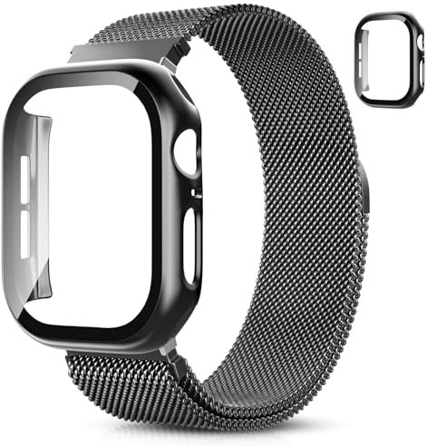 Hexasider Bracelet magnétique avec coque de protection pour Apple Watch 38/40/41/42/44/45/46 mm, en acier inoxydable milanais, pour homme et femme, séries 10, 9, 8, 7, 6, 5, 4, 3, 2, 1 SE, 42 mm (S10