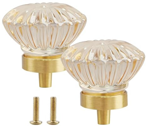 NAHUAA 2Pcs Crystal Cabinet Door Knobs 35x36mm Brass Drawer Knobs Gold Kitchen Cupboards Knob Chrysanthemum Shape Wardrobe Pull Handles for Chest of Drawers with M4 x15 Screws