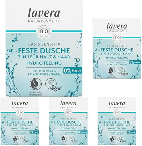 lavera, Feste Dusche 2 in 1 basis sensitiv Hydro Feeling mit Bio Aloe Vera und pflanzlichem Keratin reinigt ohne auszutrocknen 3x ergiebiger als flüssiges Duschgel Naturkosmetik 50g, Weiß, 1 stück