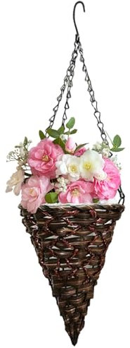Pastoralist Hanging Planter Upside-Down Cone-Shaped Rattan Woven Hanging Flower Pot with Chain, Hanger & Inner Plastic Film Rustic Planter Basket for Indoor Outdoor, Pot, Flower