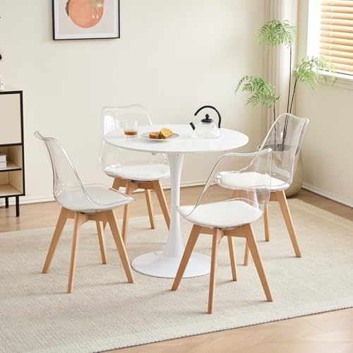 DEYARNA HOME Juego de Comedor Mesa Redonda 80cm y 4 Sillas de Comedor Transparentes para Cocina, Sala de Estar, Oficina y Otras Zonas Públicas (RD_Blanco)