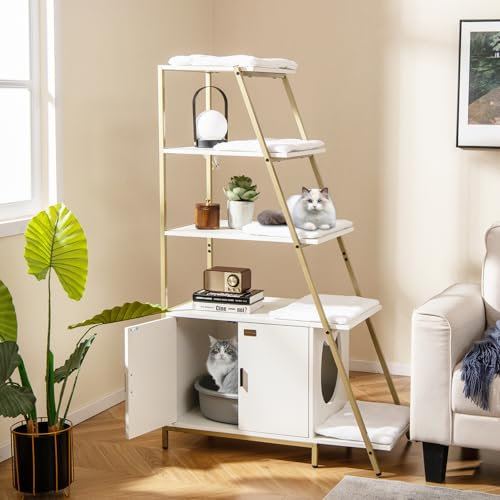 GOPLUS Arbre à Chat Bibliothèque avec Meuble Litière Chat, 5 Niveaux Cadre Métallique, 5 Coussins Lavables, kit Anti-basculement, Armoire pour Toilette Cachée, 92,5x49x149cm (Blanc)