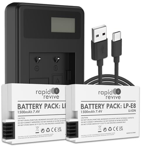 Rapid Revive – LP-E8 Replacement Battery & Charger For Canon EOS 550D 600D 700D | Rebel T3i T2i T4i T5i | Kiss X5 X4 X6i X7i - 2 Pack Rechargeable Li-ion Digital Camera Battery