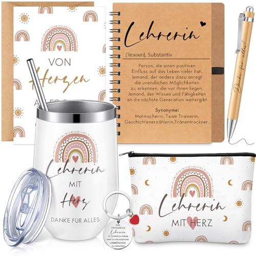 Sinmoe Abschiedsgeschenk für Lehrerin 16 oz Edelstahl Thermosbecher Notizbuch Kugelschreiber Schlüsselanhänger Regenbogen Kosmetiktasche Dankeskarte Umschlag Kaffeebecher mit Deckel für Weihnachten