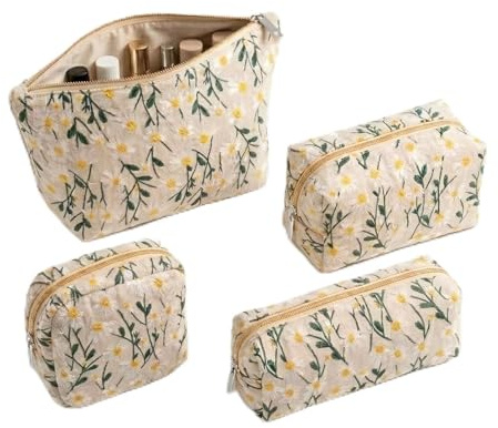 Cong.Lai 4Pcs Kosmetiktasche mit Stickerei Blumen: Kulturtasche Damen - Tragbare Kulturbeutel Make Up Tasche - Schminktasche Makeup Bag - Waschtasche Groß für Alltag und Camping Reisen