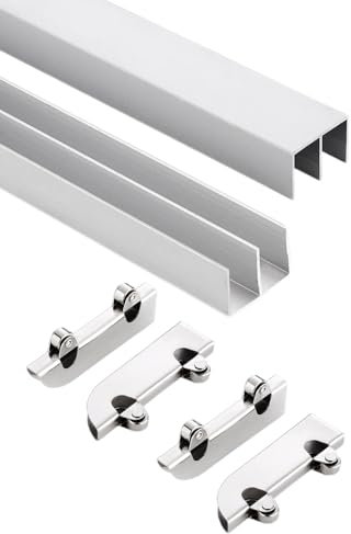 Kit de rail for porte coulissante en verre, rail de guidage en aluminium à double canal, résistant à la rouille, roulettes silencieuses, compatible avec les vitrines et les armoires (avec 4 poulies)(5