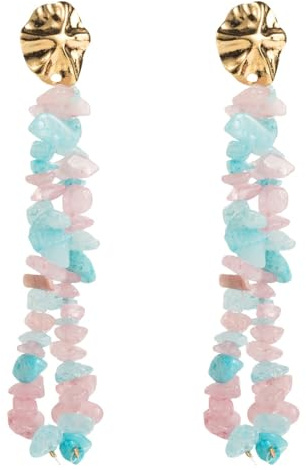 Orecchini Pendenti Lunghi con Nappe In Pietra Colorata Fatti A Mano, Stile Boho Estivo, con Perline Rosa e Blu, Gioielli Alla Moda e Carini per La Spiaggia Tropicale Da Donna.