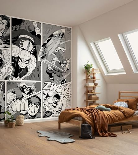 Vinyltapete - Marvel Classic Comic Panel Monochrome - Größe 212 x 250 cm, 1 Rolle mit 4 Bahnen, Kinderzimmer, Tapete, Superhelden