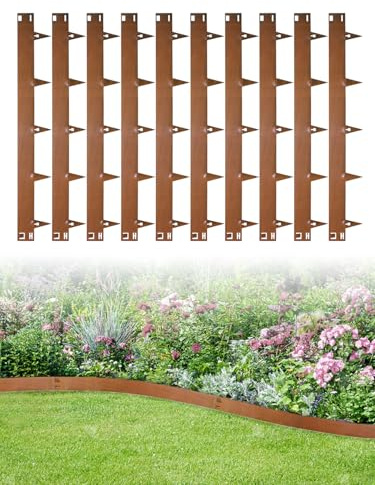 10 Pack 20CM Lawn Edging Border,Total Length 10.75M Garden Edgings Border,12CM Face Height Flexible Garden Borders Edging,Corten Steel Lawn Edgings for Flower Beds Lawns Patio Pavemen