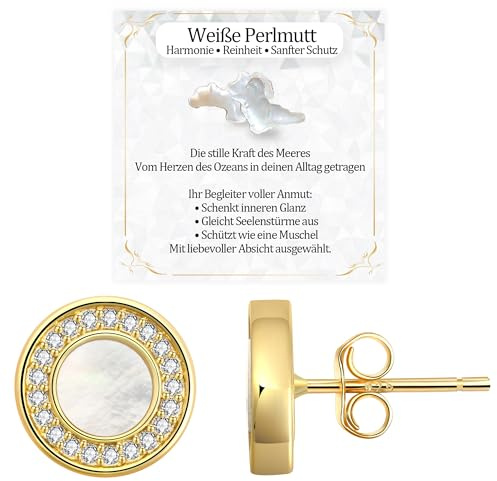 JANDY SHINE Weiße Perlmutt Ohrringe für Damen 925 Sterling Silber Hypoallergene Natürlicher Edelstein Ohrstecker mit 5A Zirkonia, 10mm Durchmesser (Gold)