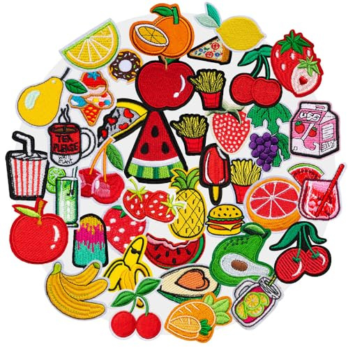 40 Stück Frucht Trinken Patches zum Aufbügeln,Obst-Motiv Flicken Stickerei,Textilien Nähen Applikation für Kinderkleidung Rucksäcke Taschen Kleidung DIY Hosen Mütze Schuhe T-Shirt Jeans