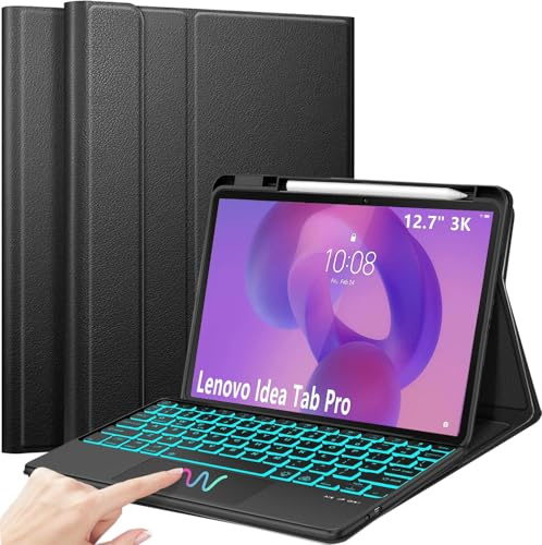 APASILU Keyboard Case for Lenovo Idea Tab Pro 12.7 Inch 2025 (TB-373FU TB-375FC), Bluetooth Keyboard Folio with Trackpad, Rechargeable & Removable & 7 Colors Backlit Keyboard