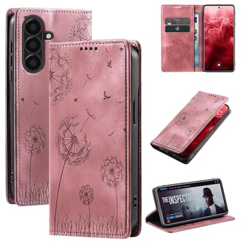 LBH Handyhülle für Samsung Galaxy A36 5G Klapphülle RFID Schutz Kartenfächer Geldfach Design Cover Case Blume Pusteblume Flipcase Rosa