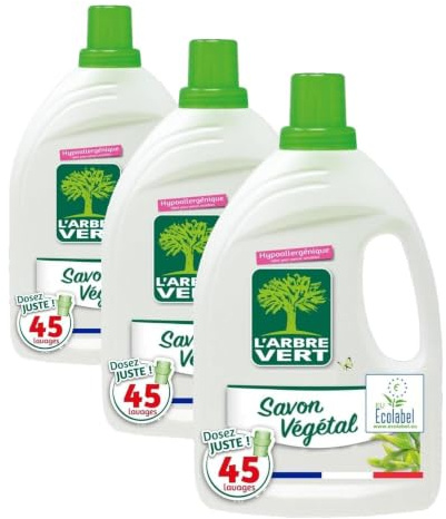 L'Arbre Vert Lessive Savon Végétal - Hypoallergénique - 45 Lavages - 94% d'ingrédients d'origine naturelle - 2.025L (Lot de 3)