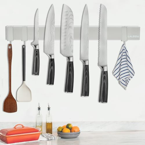 LALEIDU Magnetleiste Messer 40 CM - Starker Magnetischer Messerhalter mit Klebeband/Schrauben /3 Haken- Edelstahl Magnet Messerhalter für Messer, Unbestückte Messerblöck