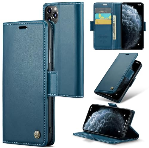 Idhiem Premium Leder Handyhülle Klappbar für iPhone 11 Pro Max, Blau | Premium PU Leder, Klappbar Hülle, RFID Blockierung, Magnetverschluss, Kartenfach Standfunktion, Klapphülle Schutzhülle