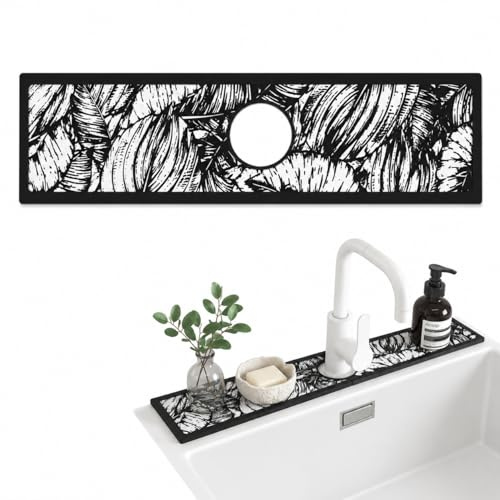 ARYIMYDP Set di 1 Tappetino per Rubinetto Lavello Cucina in Diatomite 10x38cm, Motivo Foglie Schizzo, Asciugatura Rapida Assorbente Paraspruzzi per Cucina, Lavello e Bagno, con Foro per Rubinetto