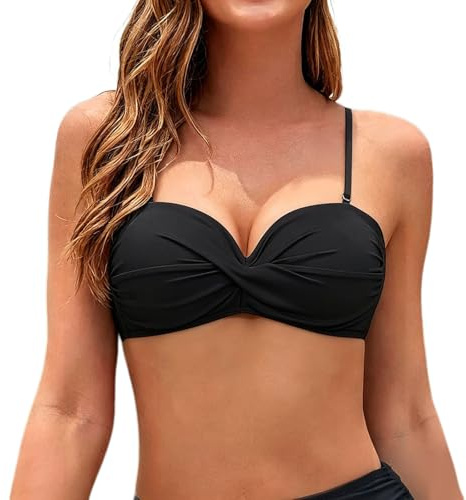 Haut de Maillot de Bain Femme Bandeau Push-Up Sexy Bikini Bandeau Bretelles Amovibles et sans Bretelles Col en V Croisée Hauts de Bikinis pour Femme Haut de Bikini Noir avec Rembourrage Amovible