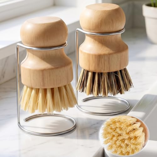PULCINELLI 2 Pz Spazzola Piatti Legno Naturale, Spazzole per Palmi in Bambù | Spazzola per Strofinare Pentole con 2 Ripiani di Drenaggio, Spazzolina da Cucina per Piatti, Spazzola Multifunzione Cucina