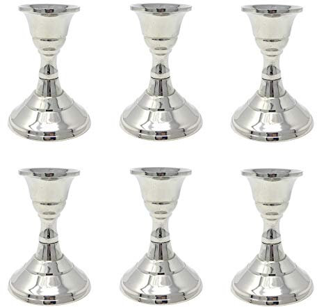 6 Metall Kerzenleuchter Kerzenständer Stabkerzenhalter im Set, Silber Höhe 8,2cm mit rundem Fuß