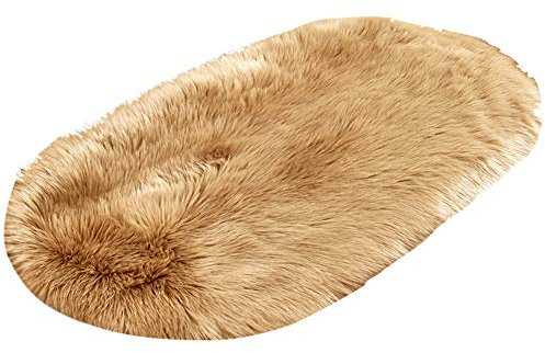 HotYou Faux Lammfell Schaffell Teppich Ellipse Kunstfell Dekofell Lammfellimitat Teppich Longhair Fell Nachahmung Wolle Bettvorleger Sofa Matte,Khaki,70 * 150CM