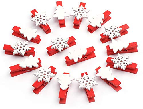 Absofine - 50 Pinzas de Madera con Forma de Copo de Nieve, Color Rojo, para árbol de Navidad Manualidades y decoración de Navidad