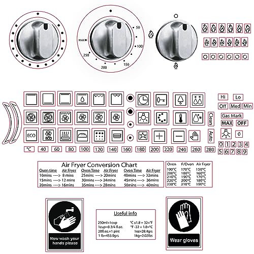 Arqi UK 100pcs Oven Stickers Replacement Black on Transparent, Fits Conventional and Microwave ovens, Air Fryer Conversion Charts