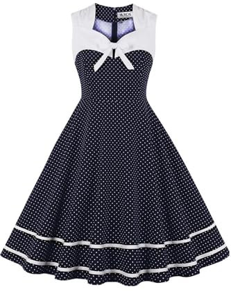 AXOE Damen 50er Jahre Kleid mit Punkten Elegant Hochzeit Cocktailkleid Dunkelblau Weiß Polka Gr.42/44, XL